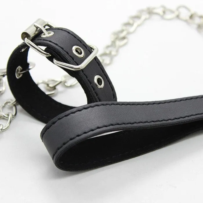 Male Sex Toys Adjustable Testicle Collar with Metal Chain Leash BallbustingToyscom