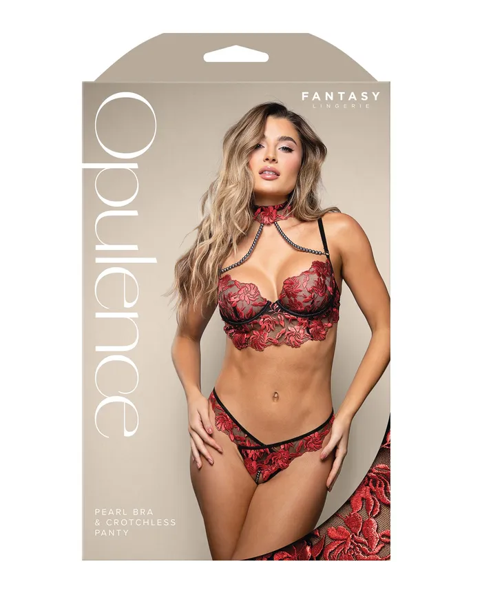 Anal Fantasy Lingerie Opulence Embroidered Underwire Bralette Crotchless Panty wPearl Details 2 pc Set Red Anal Fantasy Lingerie Opulence Embroidered Underwire Bralette Crotchless Panty wPearl Details 2 pc Set Red