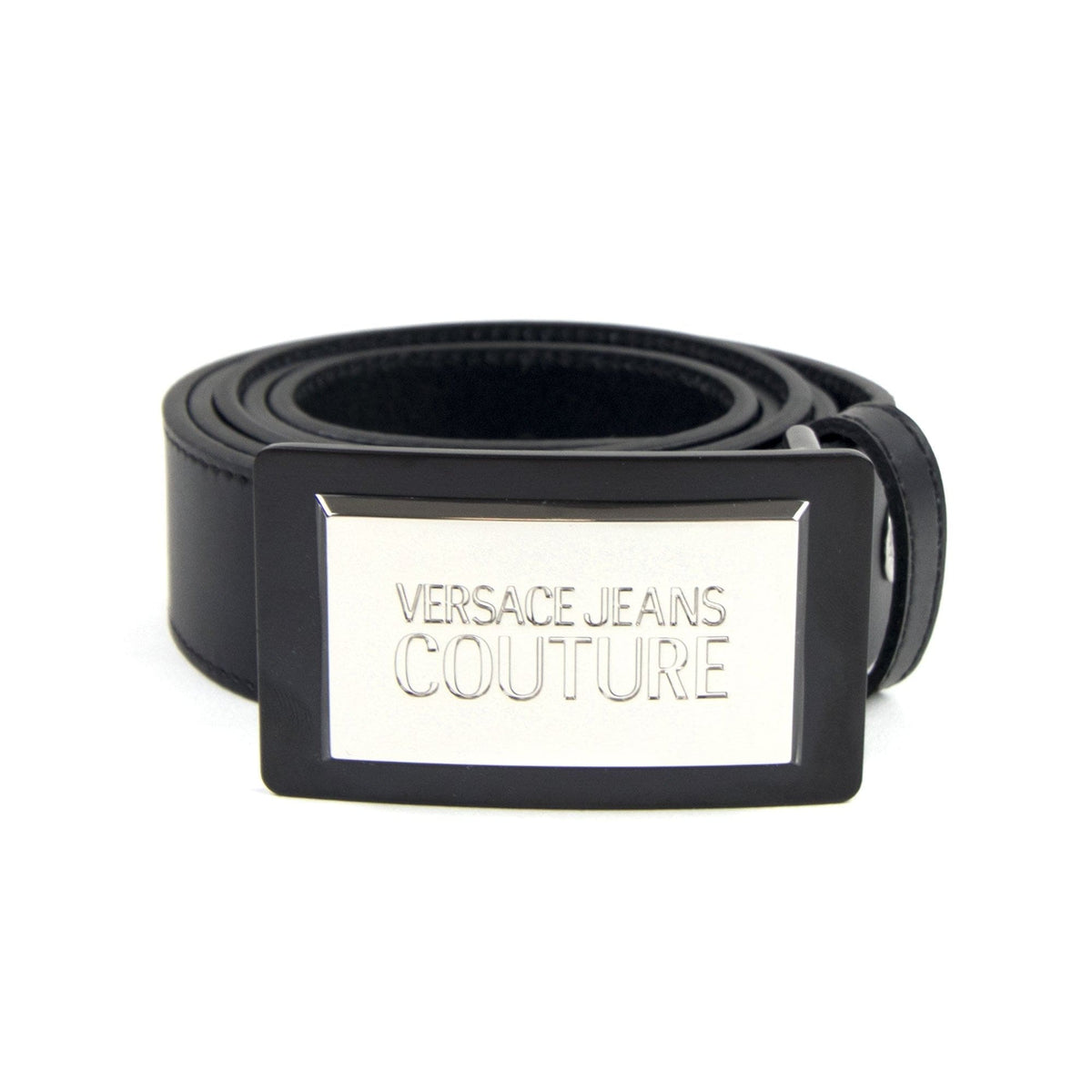 Versace Jeans Couture Logo Plate Buckle Leather Belt Black 899