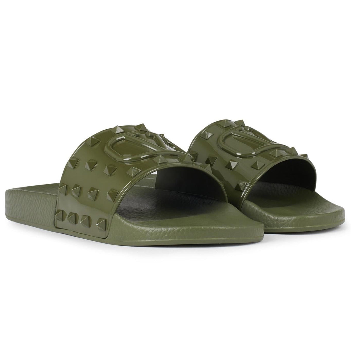 Valentino Khaki Logo Embossed Rubber Sliders
