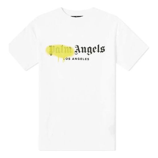 Men's PALM ANGELS Yellow Graffiti Logo Short Sleeve White PMAA001F20JER0160118