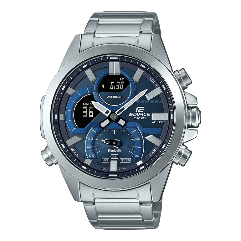 Men's CASIO edifice Series 2022 Luminous Stainless Steel Silver Strap Dial 100m Waterproof Watch Mens Blue Analog ECB-30D-2A