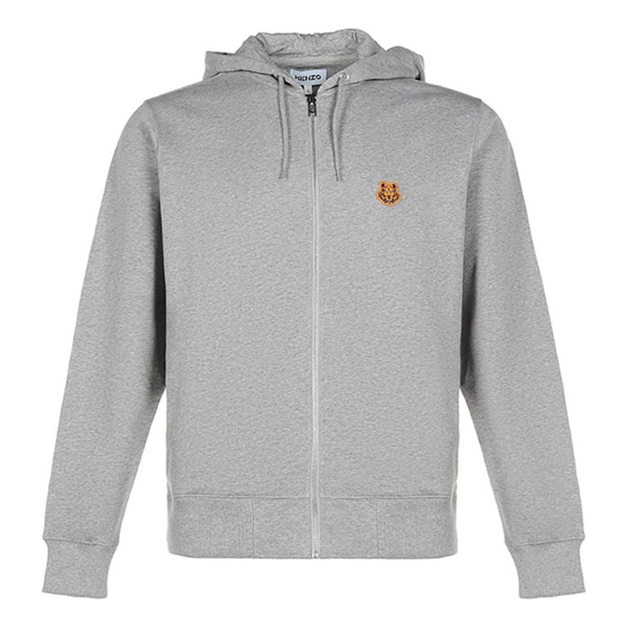 Men's KENZO FW20 Small Tiger Head Pattern Cotton Hooded Zipper Sports Light Grey FA65BL7214MD-94